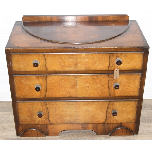 110 - An Art Deco period walnut effect three drawer chest of drawers, 87cm x 44cm x 76cm