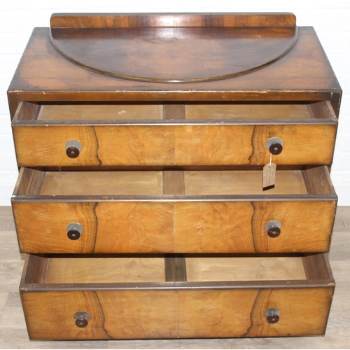 110 - An Art Deco period walnut effect three drawer chest of drawers, 87cm x 44cm x 76cm