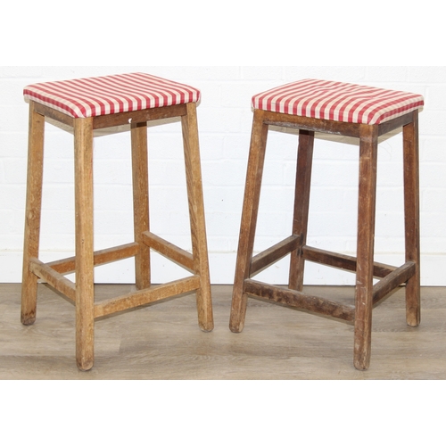 114A - Two vintage light oak stools with red gingham upholstery, each 63cm tall