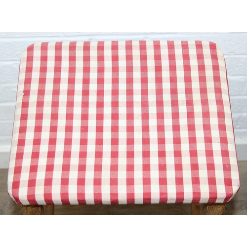 114A - Two vintage light oak stools with red gingham upholstery, each 63cm tall