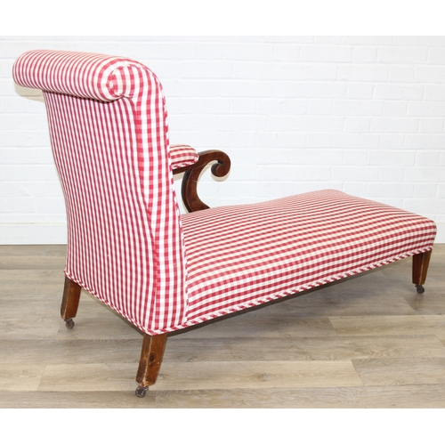 114 - An antique mahogany chaises longue with exposed frame and red gingham upholstery, 130cm x 60cm x 90c... 