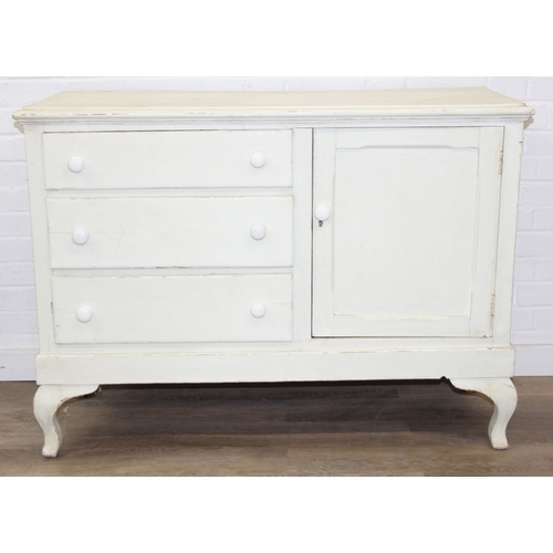 58 - A vintage painted pine sideboard with three drawers and single cupboard, ceramic handles, 120cm x 48... 