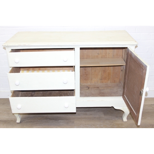 58 - A vintage painted pine sideboard with three drawers and single cupboard, ceramic handles, 120cm x 48... 