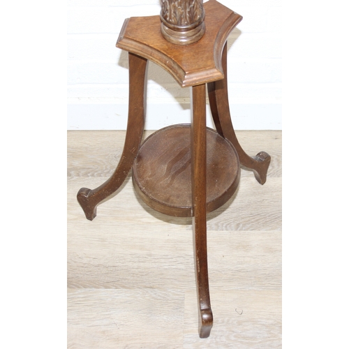 192 - An unusual vintage mahogany 3-legged jardinière stand with carved details, 115cm