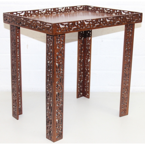 193 - A vintage Chinese Chippendale style mahogany side table with pierced gallery and supports, 20th cent... 