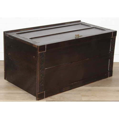 112 - An unusual dark oak trunk of ottoman box, Gothic style with linen press drawers to interior, 102cm x... 