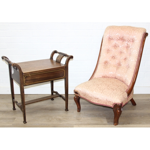 199A - An antique piano stool with lift up lid and boxwood inlay, later top and a Victorian low chair with ... 