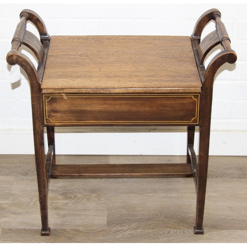 199A - An antique piano stool with lift up lid and boxwood inlay, later top and a Victorian low chair with ... 