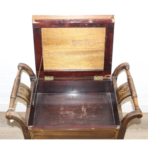 199A - An antique piano stool with lift up lid and boxwood inlay, later top and a Victorian low chair with ... 