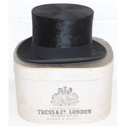 216 - Vintage black silk top hat by Brown Muff & Co Ltd of Bradford in original box, hat aperture 20cm x 1... 