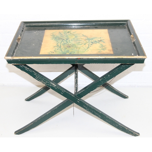 287 - A vintage wooden butlers' tray on stand with thistle decoration, 56cm x 40cm x 45cm