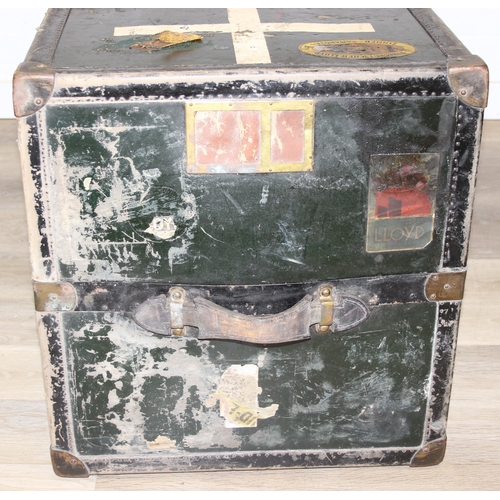 20 - Campaign wardrobe trunk with various travel stickers, approx 60cm x 54cm x 131cm