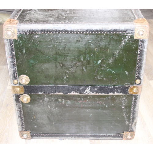 20 - Campaign wardrobe trunk with various travel stickers, approx 60cm x 54cm x 131cm