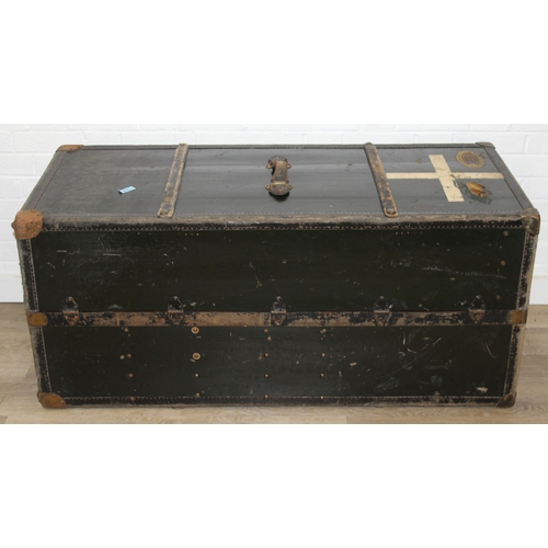 20 - Campaign wardrobe trunk with various travel stickers, approx 60cm x 54cm x 131cm