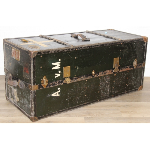 20 - Campaign wardrobe trunk with various travel stickers, approx 60cm x 54cm x 131cm