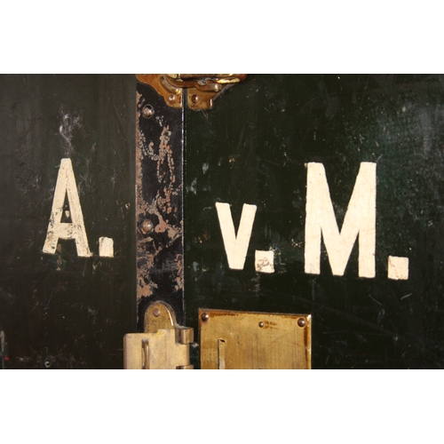 20 - Campaign wardrobe trunk with various travel stickers, approx 60cm x 54cm x 131cm