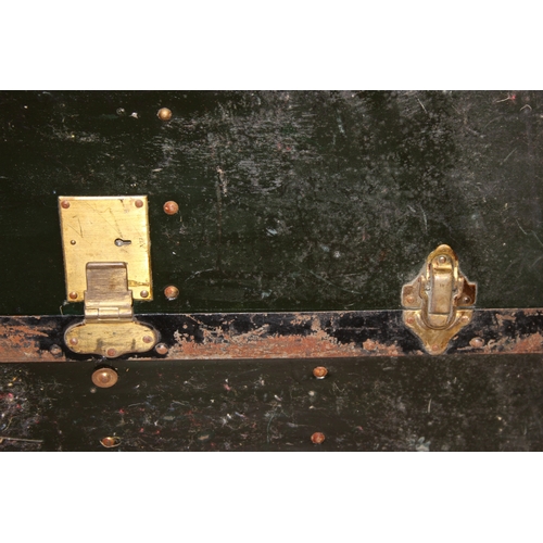 20 - Campaign wardrobe trunk with various travel stickers, approx 60cm x 54cm x 131cm