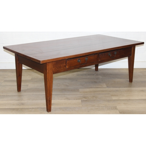 68 - A modern three planked oak coffee table with 2 drawers either side, approx 140cm x75cm x 51cm