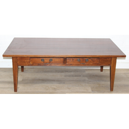 68 - A modern three planked oak coffee table with 2 drawers either side, approx 140cm x75cm x 51cm