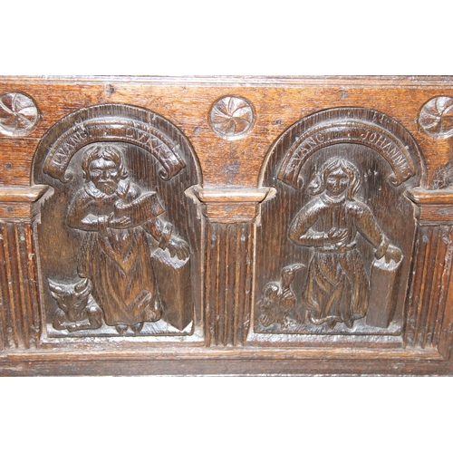 190 - An unusual antique carved oak trunk or coffer depicting the four evangelists or gospels, possibly It... 