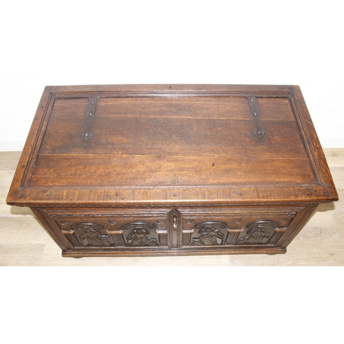 190 - An unusual antique carved oak trunk or coffer depicting the four evangelists or gospels, possibly It... 