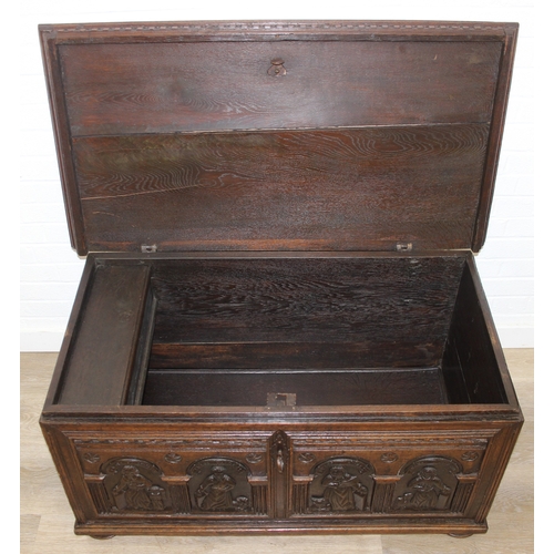 190 - An unusual antique carved oak trunk or coffer depicting the four evangelists or gospels, possibly It... 
