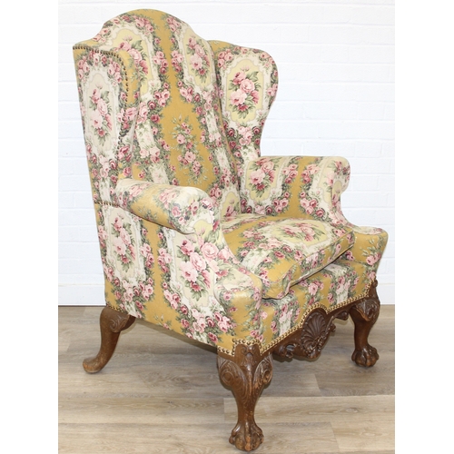 180 - Vintage Georgian style wingback armchair with highly decorative floral patterned upholstery and ball... 