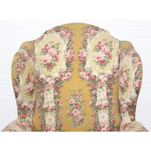 180 - Vintage Georgian style wingback armchair with highly decorative floral patterned upholstery and ball... 