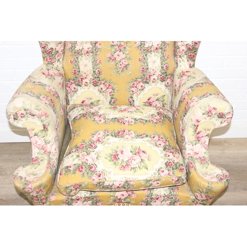 180 - Vintage Georgian style wingback armchair with highly decorative floral patterned upholstery and ball... 