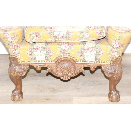 180 - Vintage Georgian style wingback armchair with highly decorative floral patterned upholstery and ball... 