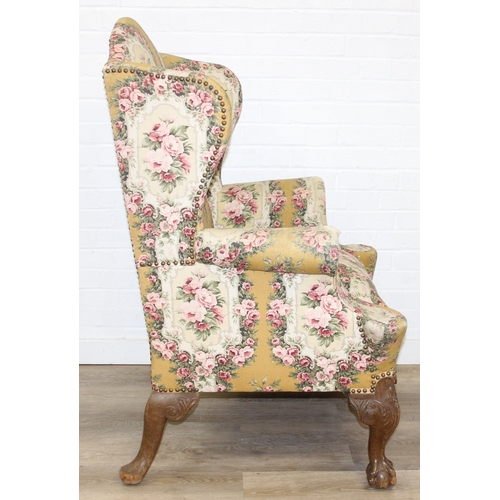180 - Vintage Georgian style wingback armchair with highly decorative floral patterned upholstery and ball... 