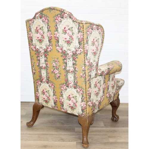 180 - Vintage Georgian style wingback armchair with highly decorative floral patterned upholstery and ball... 