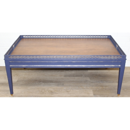 69 - Modern Chippendale style blue & gilt coffee table with pierced gallery top, 122cm x 71cm x 49cm
