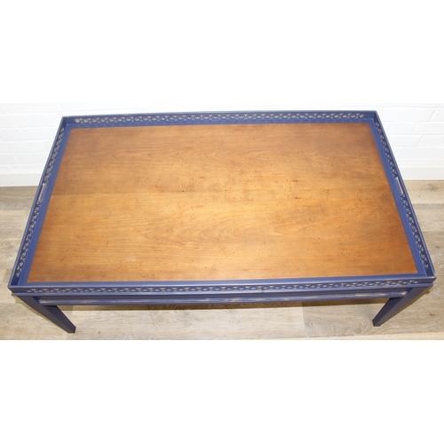 69 - Modern Chippendale style blue & gilt coffee table with pierced gallery top, 122cm x 71cm x 49cm