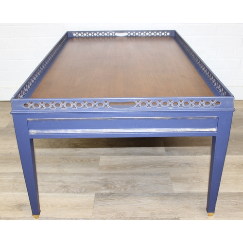 69 - Modern Chippendale style blue & gilt coffee table with pierced gallery top, 122cm x 71cm x 49cm