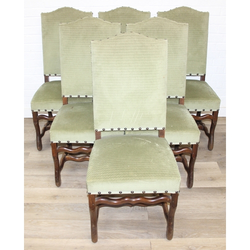 71 - A set of six 17th century style high backed dining chairs with green upholstery, each 107cm tall [6]