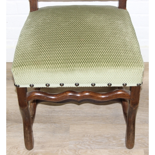 71 - A set of six 17th century style high backed dining chairs with green upholstery, each 107cm tall [6]