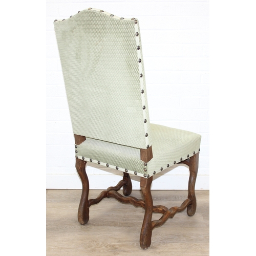 71 - A set of six 17th century style high backed dining chairs with green upholstery, each 107cm tall [6]