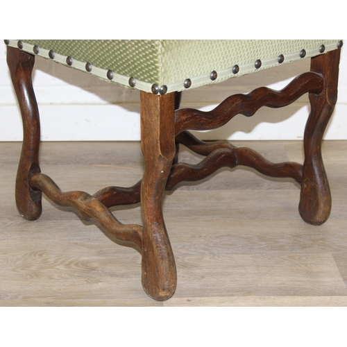 71 - A set of six 17th century style high backed dining chairs with green upholstery, each 107cm tall [6]