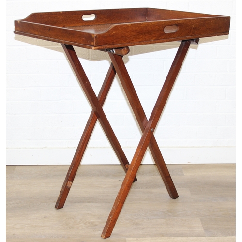 184 - A vintage mahogany butler's serving tray on folding stand, 75cm x 49cm x 86cm