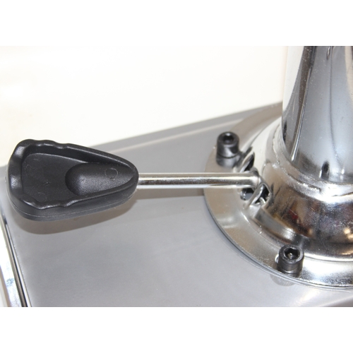 27 - A pair of retro style chrome and white leather effect bar stools by Dwell, in the manner of LEM stoo... 