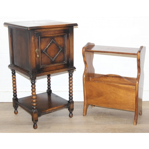 63 - A vintage oak cabinet with fitted interior for holding smoking pipes and a vintage wooden magazine r... 