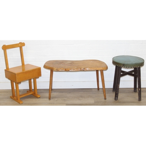 98 - Three pieces of furniture to inc a rustic elm topped table, a child's Taylor desk stool and a vintag... 
