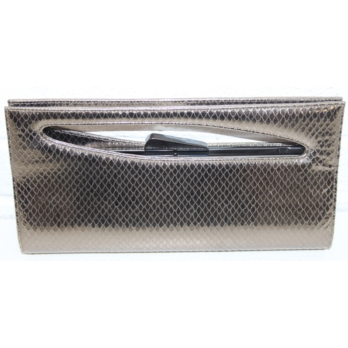 217 - Stuart Weitzman ladies' evening snap-shut clutch bag in metallic snakeskin style finish, 30cm W