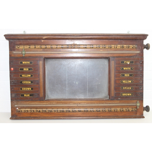 290 - An antique or vintage wooden wall-mountable snooker scoreboard with chalkboard to centre, 110cm W x ... 