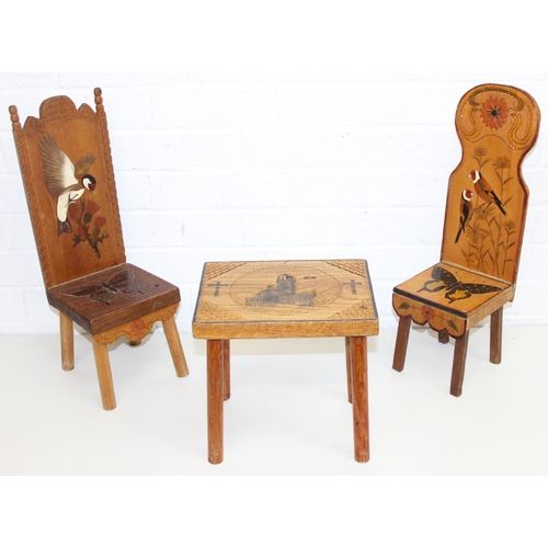 291 - Three vintage pieces of highly decorated scratch-built small furniture or apprentice pieces, to incl... 