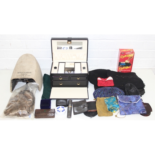 220 - Mix of vintage items to incl small clutch bag, black jewellery box with multi-compartments, hats, wi... 