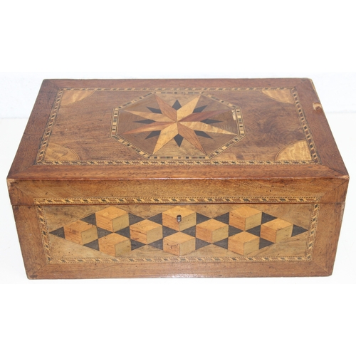 292 - A Victorian parquetry wooden writing slope with geometric marquetry inlaid details, blue velvet lini... 