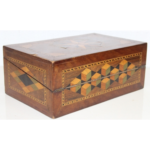 292 - A Victorian parquetry wooden writing slope with geometric marquetry inlaid details, blue velvet lini... 