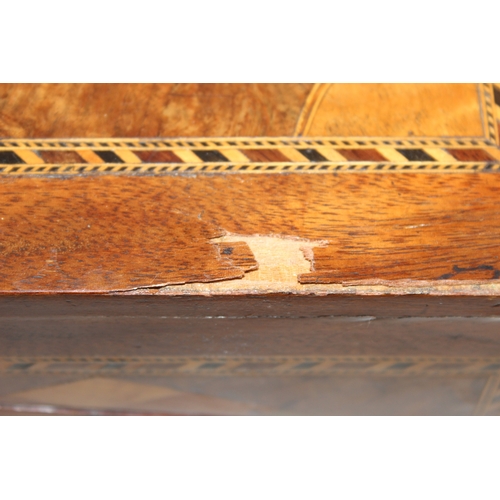 292 - A Victorian parquetry wooden writing slope with geometric marquetry inlaid details, blue velvet lini... 